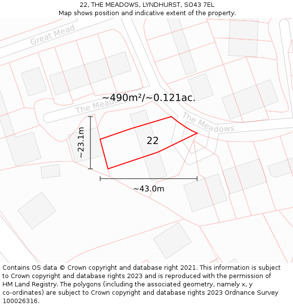 22, THE MEADOWS, LYNDHURST, SO43 7EL: Plot and title map