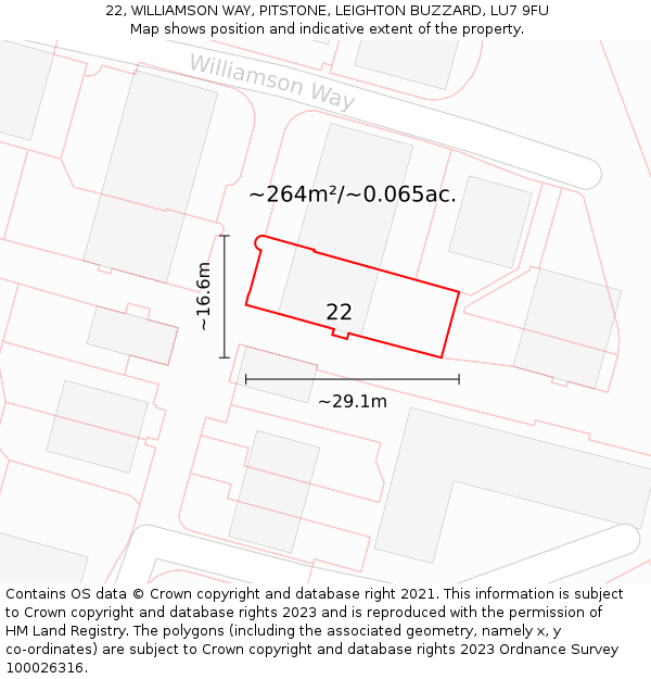 22, WILLIAMSON WAY, PITSTONE, LEIGHTON BUZZARD, LU7 9FU: Plot and title map