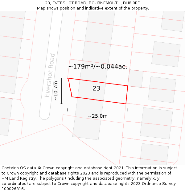 23, EVERSHOT ROAD, BOURNEMOUTH, BH8 9PD: Plot and title map