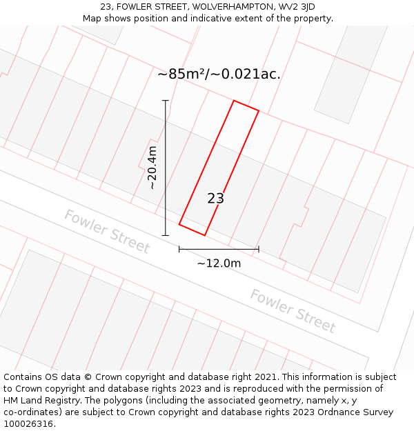 23, FOWLER STREET, WOLVERHAMPTON, WV2 3JD: Plot and title map