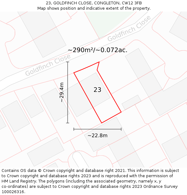 23, GOLDFINCH CLOSE, CONGLETON, CW12 3FB: Plot and title map