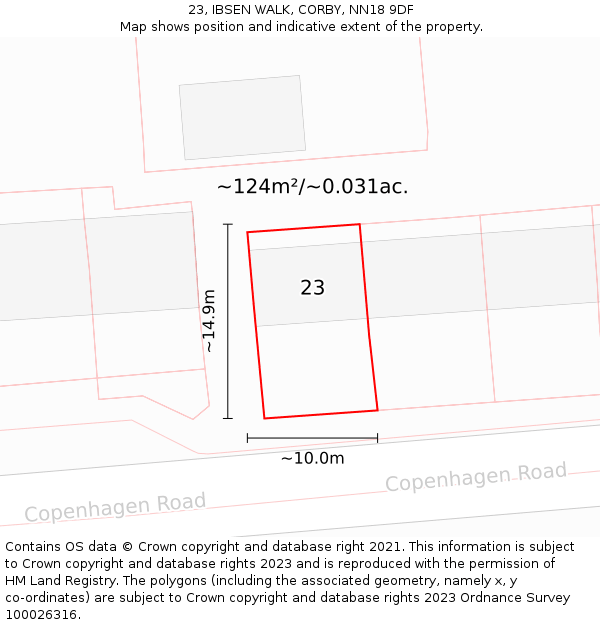 23, IBSEN WALK, CORBY, NN18 9DF: Plot and title map