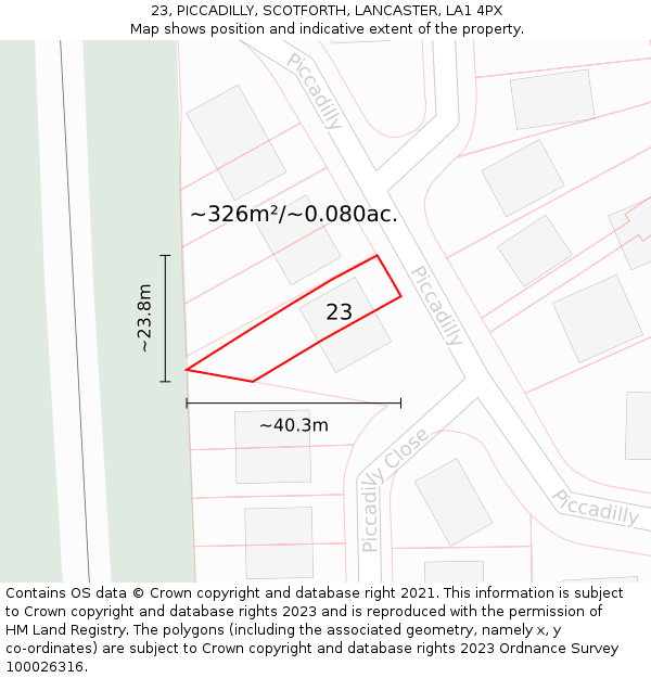 23, PICCADILLY, SCOTFORTH, LANCASTER, LA1 4PX: Plot and title map