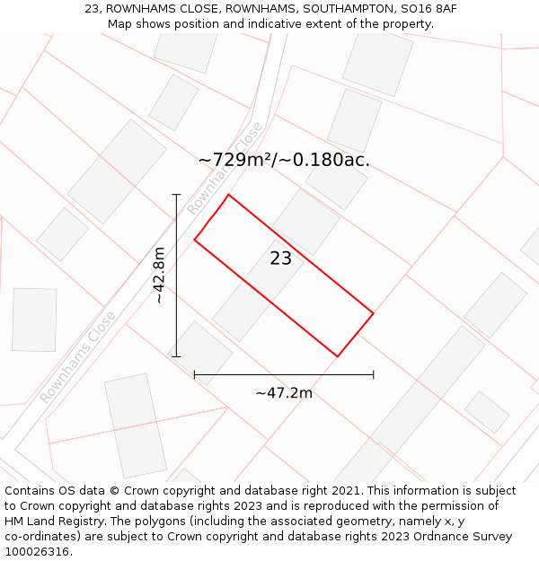 23, ROWNHAMS CLOSE, ROWNHAMS, SOUTHAMPTON, SO16 8AF: Plot and title map