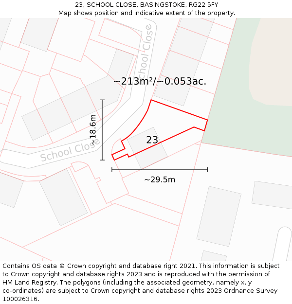 23, SCHOOL CLOSE, BASINGSTOKE, RG22 5FY: Plot and title map