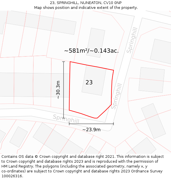 23, SPRINGHILL, NUNEATON, CV10 0NP: Plot and title map
