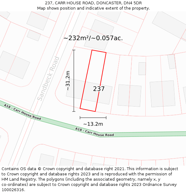 237, CARR HOUSE ROAD, DONCASTER, DN4 5DR: Plot and title map