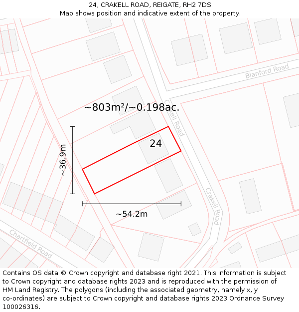 24, CRAKELL ROAD, REIGATE, RH2 7DS: Plot and title map