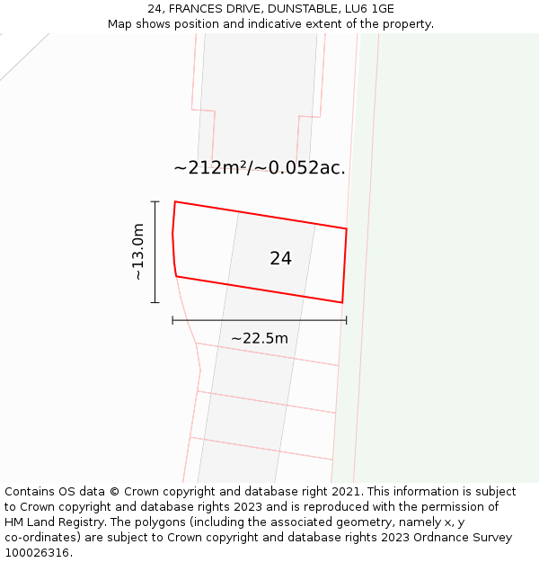 24, FRANCES DRIVE, DUNSTABLE, LU6 1GE: Plot and title map