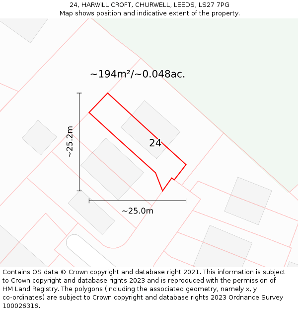 24, HARWILL CROFT, CHURWELL, LEEDS, LS27 7PG: Plot and title map