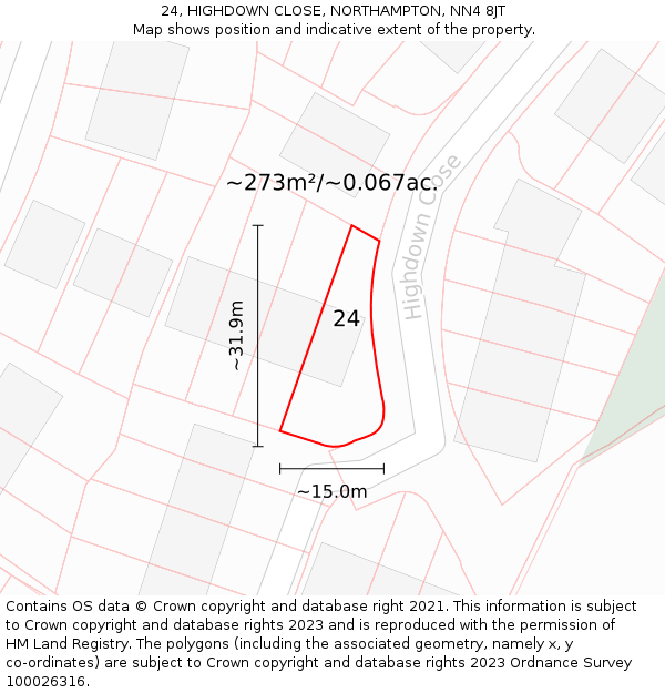24, HIGHDOWN CLOSE, NORTHAMPTON, NN4 8JT: Plot and title map