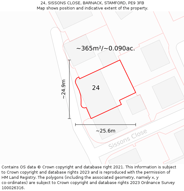 24, SISSONS CLOSE, BARNACK, STAMFORD, PE9 3FB: Plot and title map