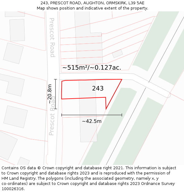 243, PRESCOT ROAD, AUGHTON, ORMSKIRK, L39 5AE: Plot and title map