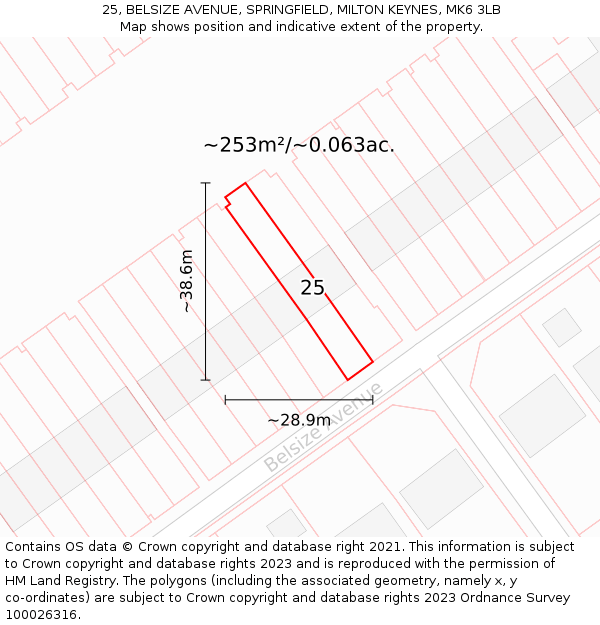 25, BELSIZE AVENUE, SPRINGFIELD, MILTON KEYNES, MK6 3LB: Plot and title map