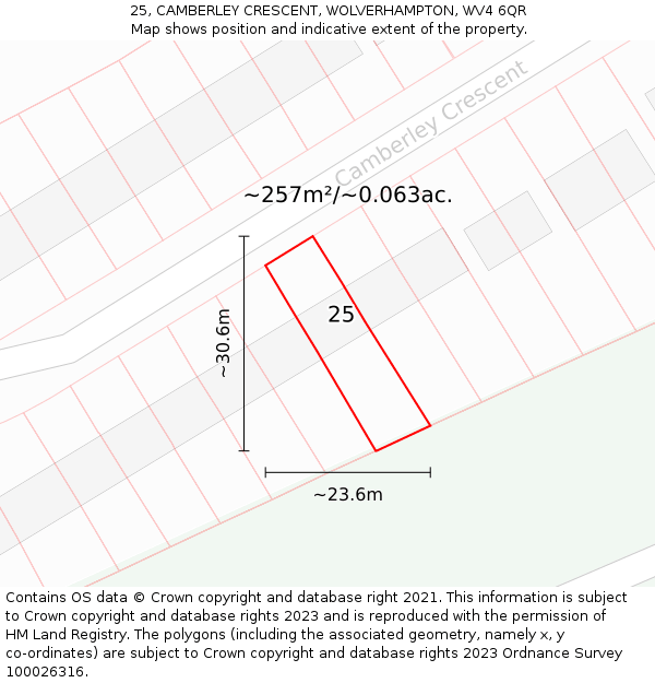 25, CAMBERLEY CRESCENT, WOLVERHAMPTON, WV4 6QR: Plot and title map