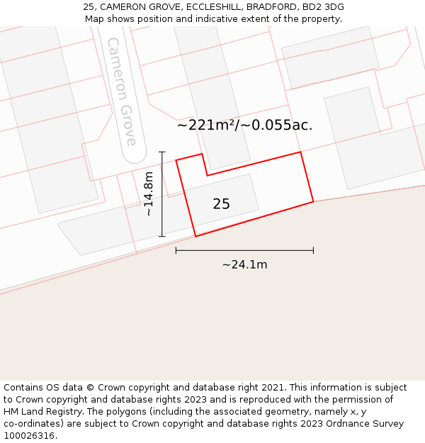 25, CAMERON GROVE, ECCLESHILL, BRADFORD, BD2 3DG: Plot and title map