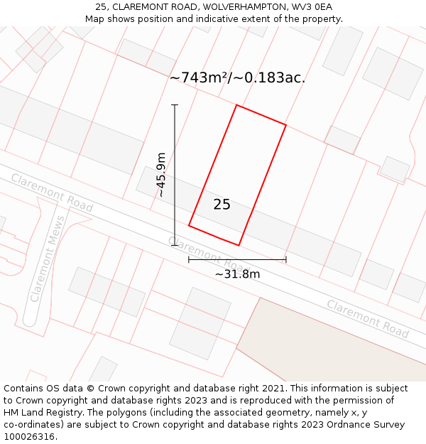 25, CLAREMONT ROAD, WOLVERHAMPTON, WV3 0EA: Plot and title map
