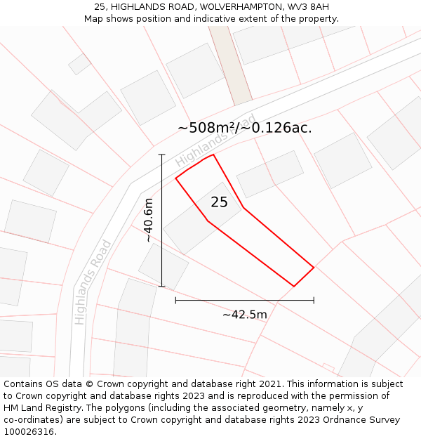 25, HIGHLANDS ROAD, WOLVERHAMPTON, WV3 8AH: Plot and title map