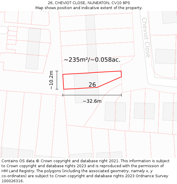 26, CHEVIOT CLOSE, NUNEATON, CV10 8PS: Plot and title map