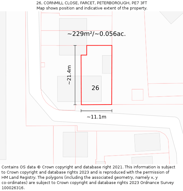 26, CORNMILL CLOSE, FARCET, PETERBOROUGH, PE7 3FT: Plot and title map