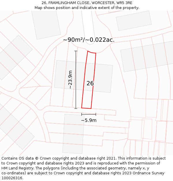 26, FRAMLINGHAM CLOSE, WORCESTER, WR5 3RE: Plot and title map
