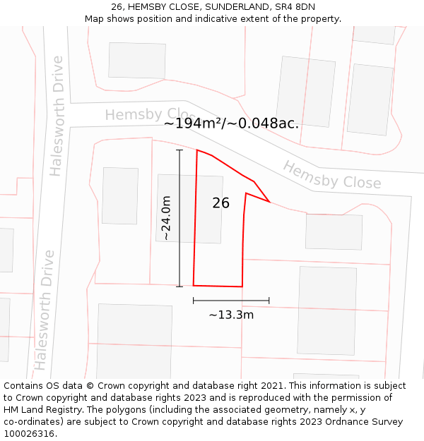 26, HEMSBY CLOSE, SUNDERLAND, SR4 8DN: Plot and title map