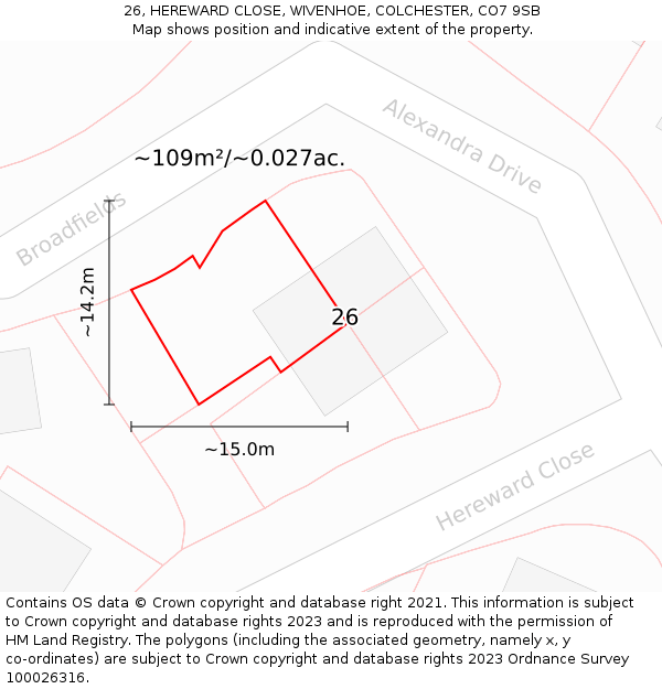 26, HEREWARD CLOSE, WIVENHOE, COLCHESTER, CO7 9SB: Plot and title map