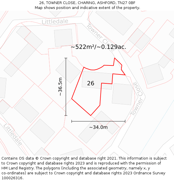 26, TOWNER CLOSE, CHARING, ASHFORD, TN27 0BF: Plot and title map