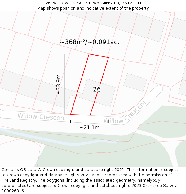 26, WILLOW CRESCENT, WARMINSTER, BA12 9LH: Plot and title map