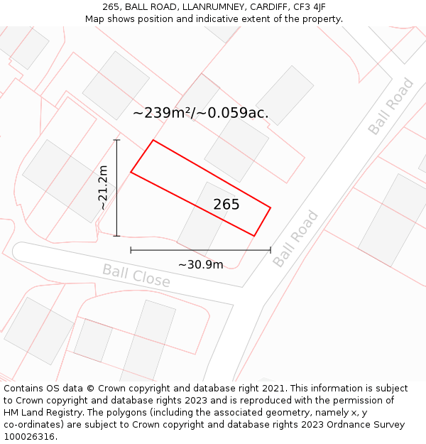 265, BALL ROAD, LLANRUMNEY, CARDIFF, CF3 4JF: Plot and title map