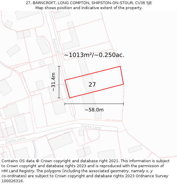 27, BARNCROFT, LONG COMPTON, SHIPSTON-ON-STOUR, CV36 5JE: Plot and title map
