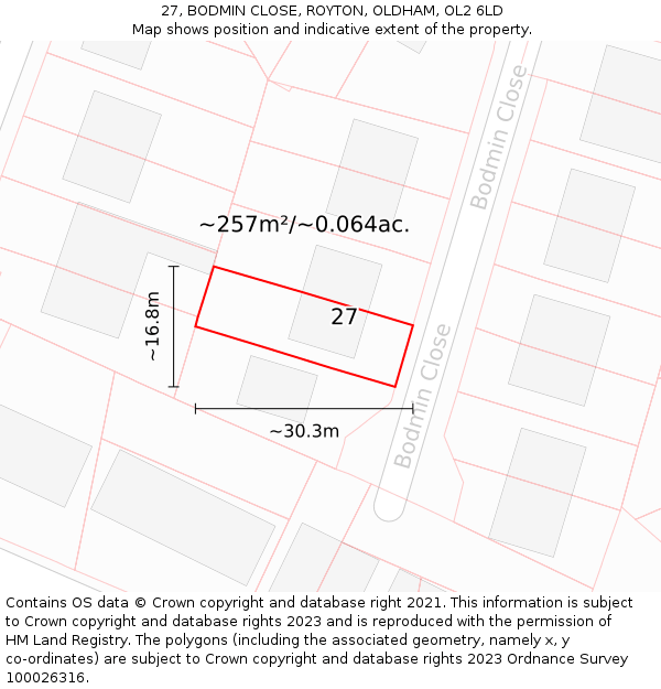 27, BODMIN CLOSE, ROYTON, OLDHAM, OL2 6LD: Plot and title map