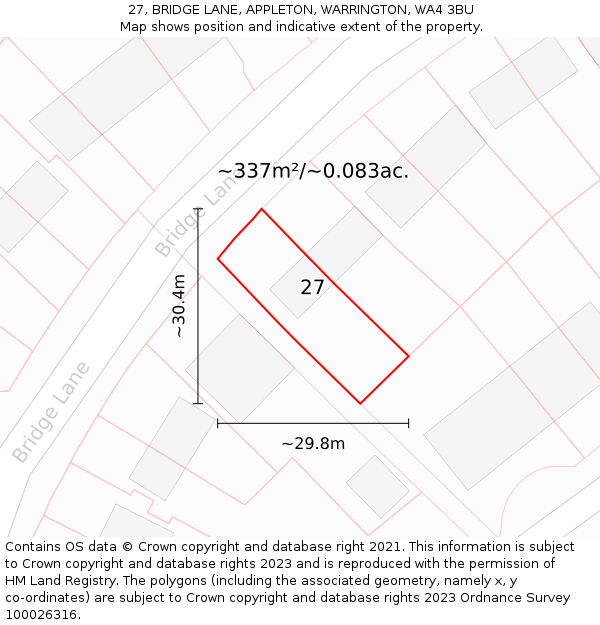 27, BRIDGE LANE, APPLETON, WARRINGTON, WA4 3BU: Plot and title map