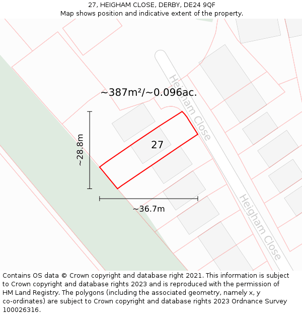 27, HEIGHAM CLOSE, DERBY, DE24 9QF: Plot and title map