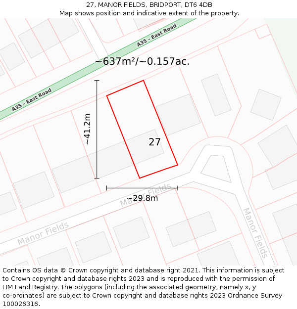 27, MANOR FIELDS, BRIDPORT, DT6 4DB: Plot and title map