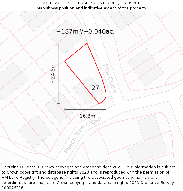 27, PEACH TREE CLOSE, SCUNTHORPE, DN16 3GR: Plot and title map