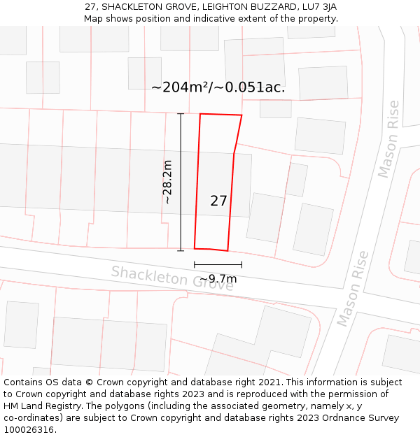 27, SHACKLETON GROVE, LEIGHTON BUZZARD, LU7 3JA: Plot and title map