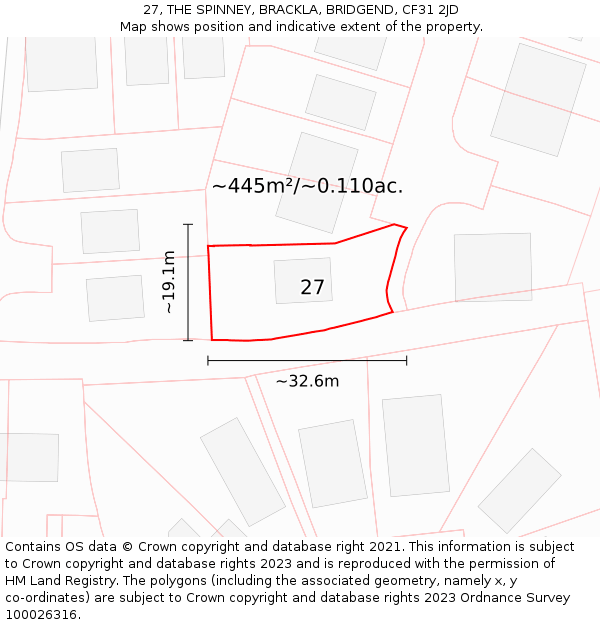 27, THE SPINNEY, BRACKLA, BRIDGEND, CF31 2JD: Plot and title map
