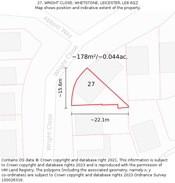 27, WRIGHT CLOSE, WHETSTONE, LEICESTER, LE8 6QZ: Plot and title map