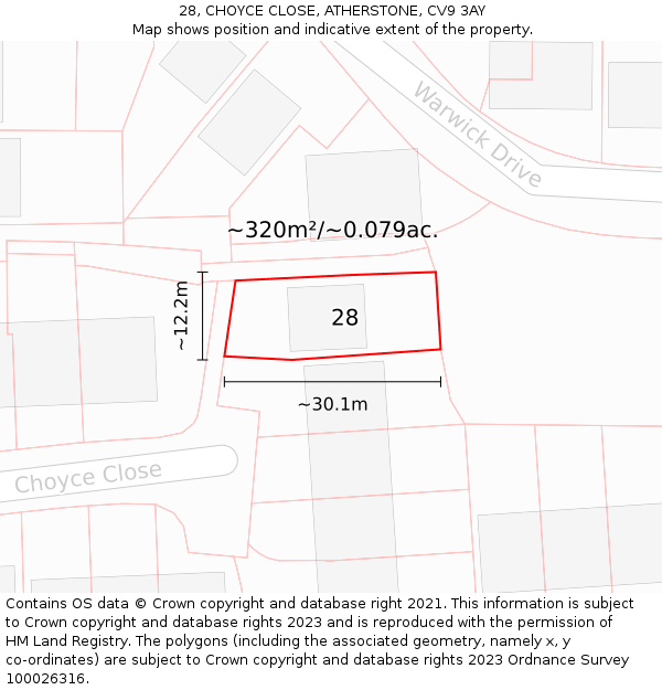 28, CHOYCE CLOSE, ATHERSTONE, CV9 3AY: Plot and title map