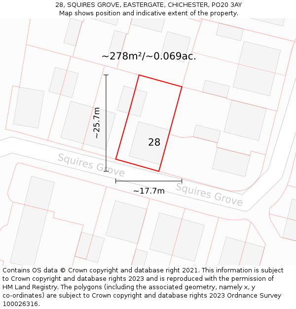 28, SQUIRES GROVE, EASTERGATE, CHICHESTER, PO20 3AY: Plot and title map