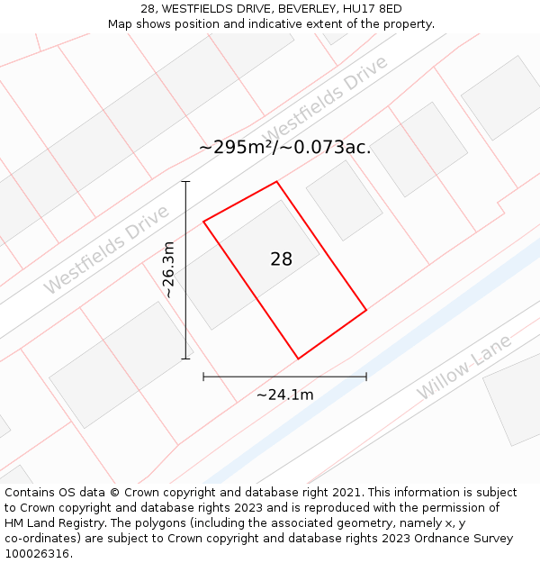 28, WESTFIELDS DRIVE, BEVERLEY, HU17 8ED: Plot and title map