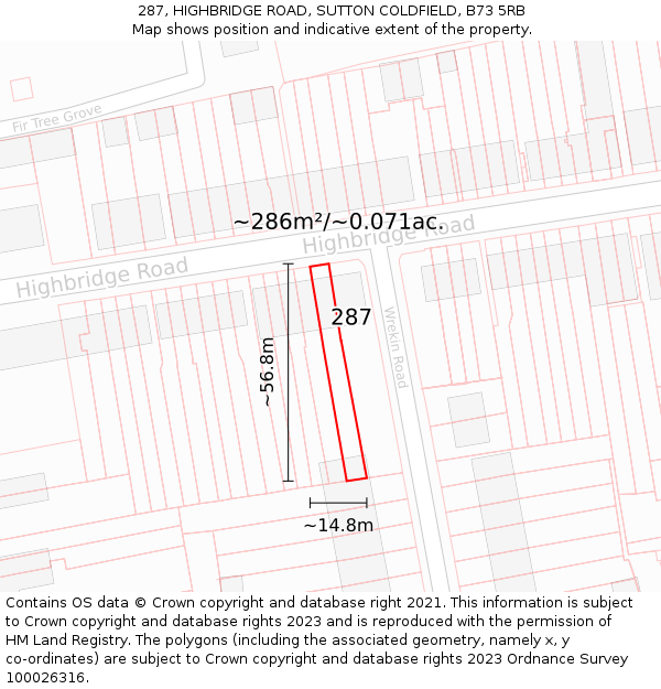 287, HIGHBRIDGE ROAD, SUTTON COLDFIELD, B73 5RB: Plot and title map