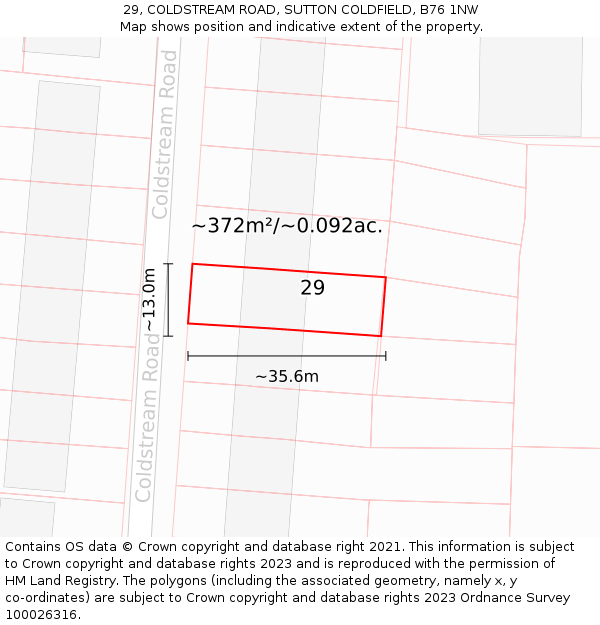 29, COLDSTREAM ROAD, SUTTON COLDFIELD, B76 1NW: Plot and title map