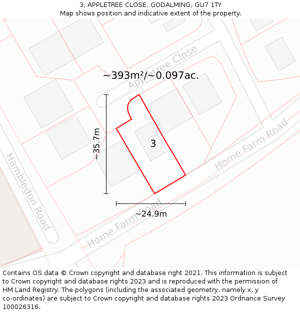 3, APPLETREE CLOSE, GODALMING, GU7 1TY: Plot and title map