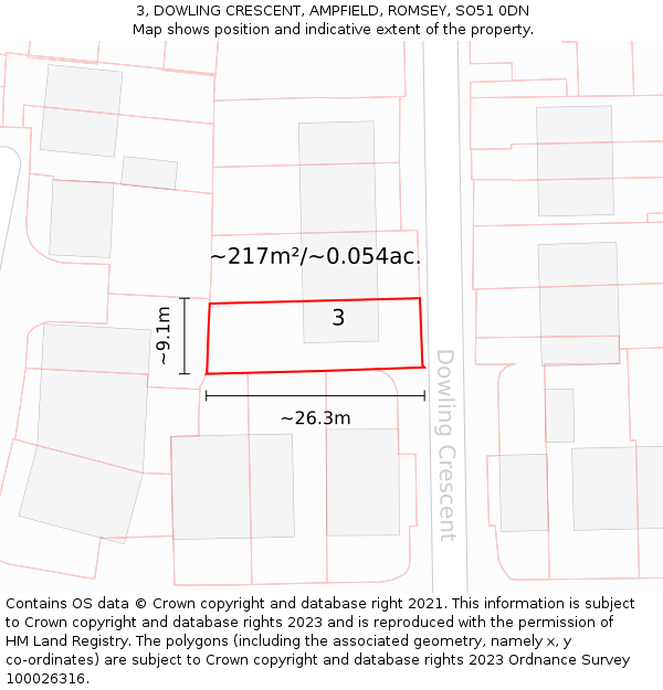 3, DOWLING CRESCENT, AMPFIELD, ROMSEY, SO51 0DN: Plot and title map