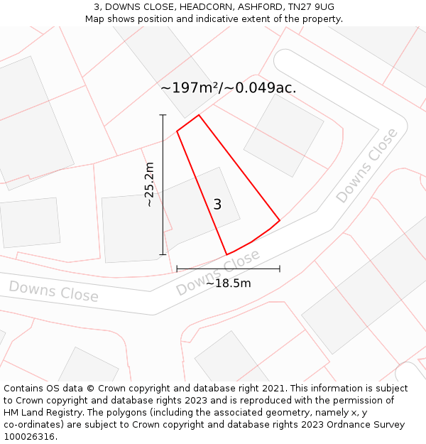 3, DOWNS CLOSE, HEADCORN, ASHFORD, TN27 9UG: Plot and title map