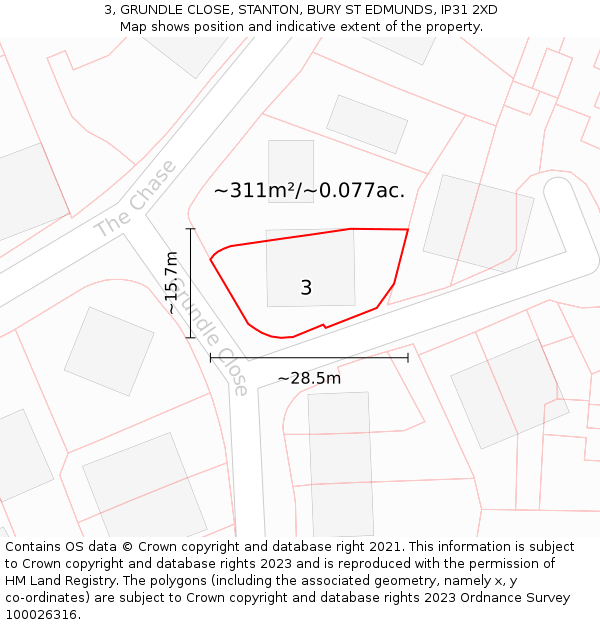 3, GRUNDLE CLOSE, STANTON, BURY ST EDMUNDS, IP31 2XD: Plot and title map