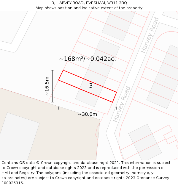 3, HARVEY ROAD, EVESHAM, WR11 3BQ: Plot and title map