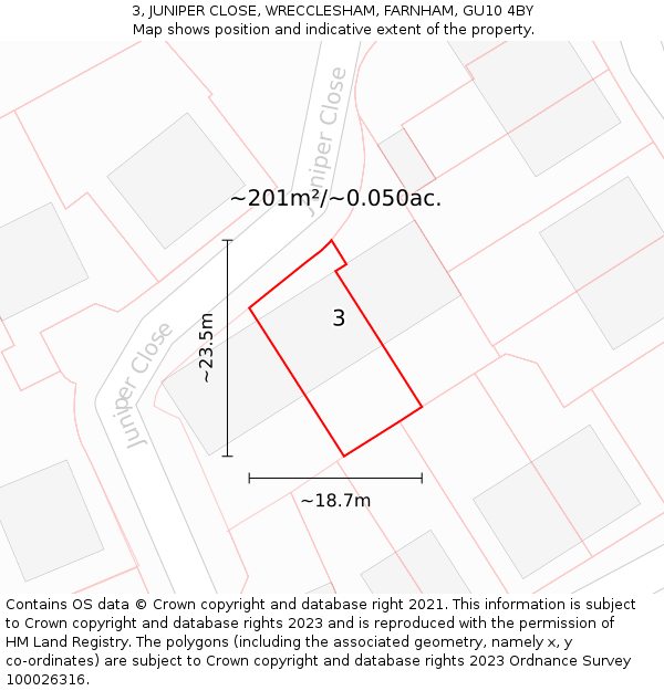 3, JUNIPER CLOSE, WRECCLESHAM, FARNHAM, GU10 4BY: Plot and title map